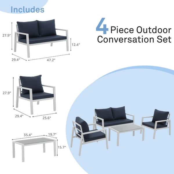 dimension image slide 4 of 6, Outdoor 4-piece Cushioned Aluminum Conversation Set