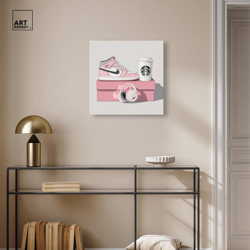 Pink Sneaker and Headphones Canvas by Art Remedy, Gallery Wrapped