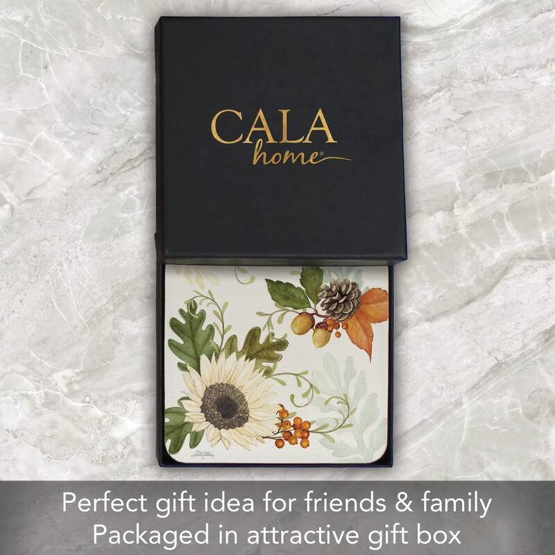 Farmhouse Fall Decorative Hardboard Cork Backed Coasters 4 Pack Layered Construction Heat Tolerant Easily Wipes Clean
