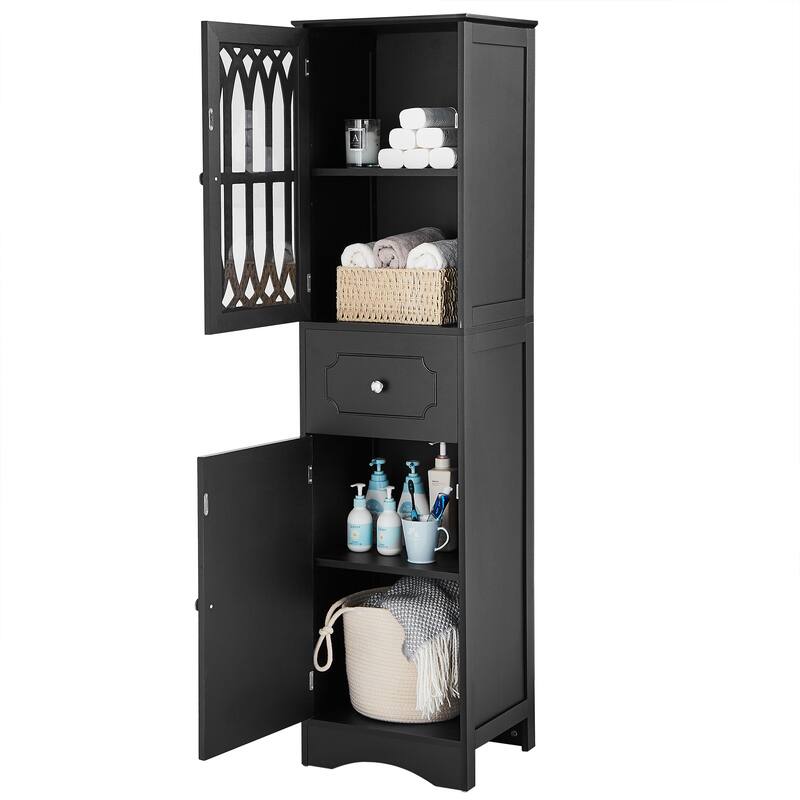 Freestanding Adjustable Storage Cabinet with Metal Knobs, Acrylic Panel Door Cabinet, Groove Pattern Drawer and Door Cabinet