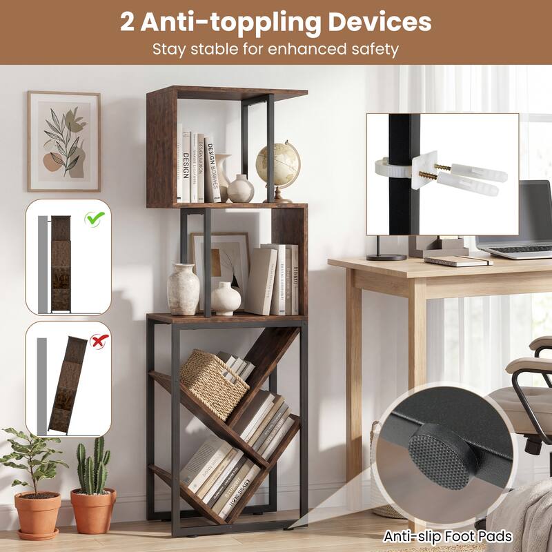 Gymax 2PCS 6-Tier Bookshelf Industrial S-Shaped Geometric Bookcase w/