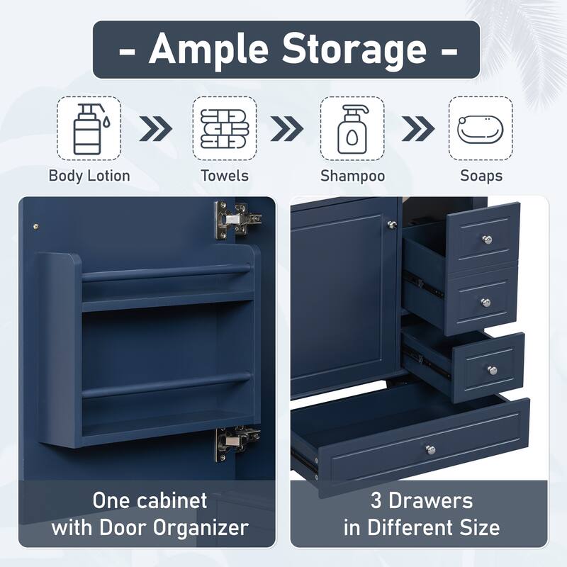 30" Freestanding Bathroom Vanity with Sink, One Door Cabinet and 3 Drawers, Solid Wood Frame & MDF Board