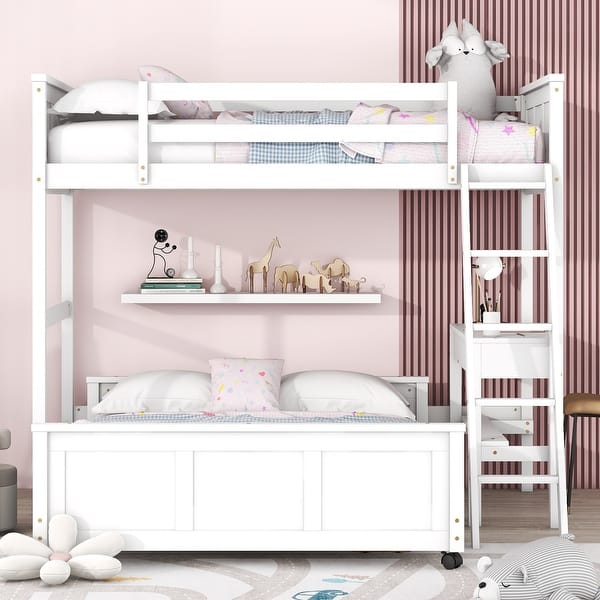slide 2 of 11, Muti-Functional Twin Over Full Wood Bunk Bed,Study Desk with Drawers Under-Bed White