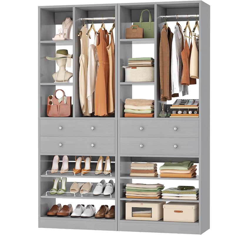 27.7'' Closet Organizer with Shoe Racks and Drawers, Closet System with Hanging Rod and Adjustable Shelves - Grey - 2pcs