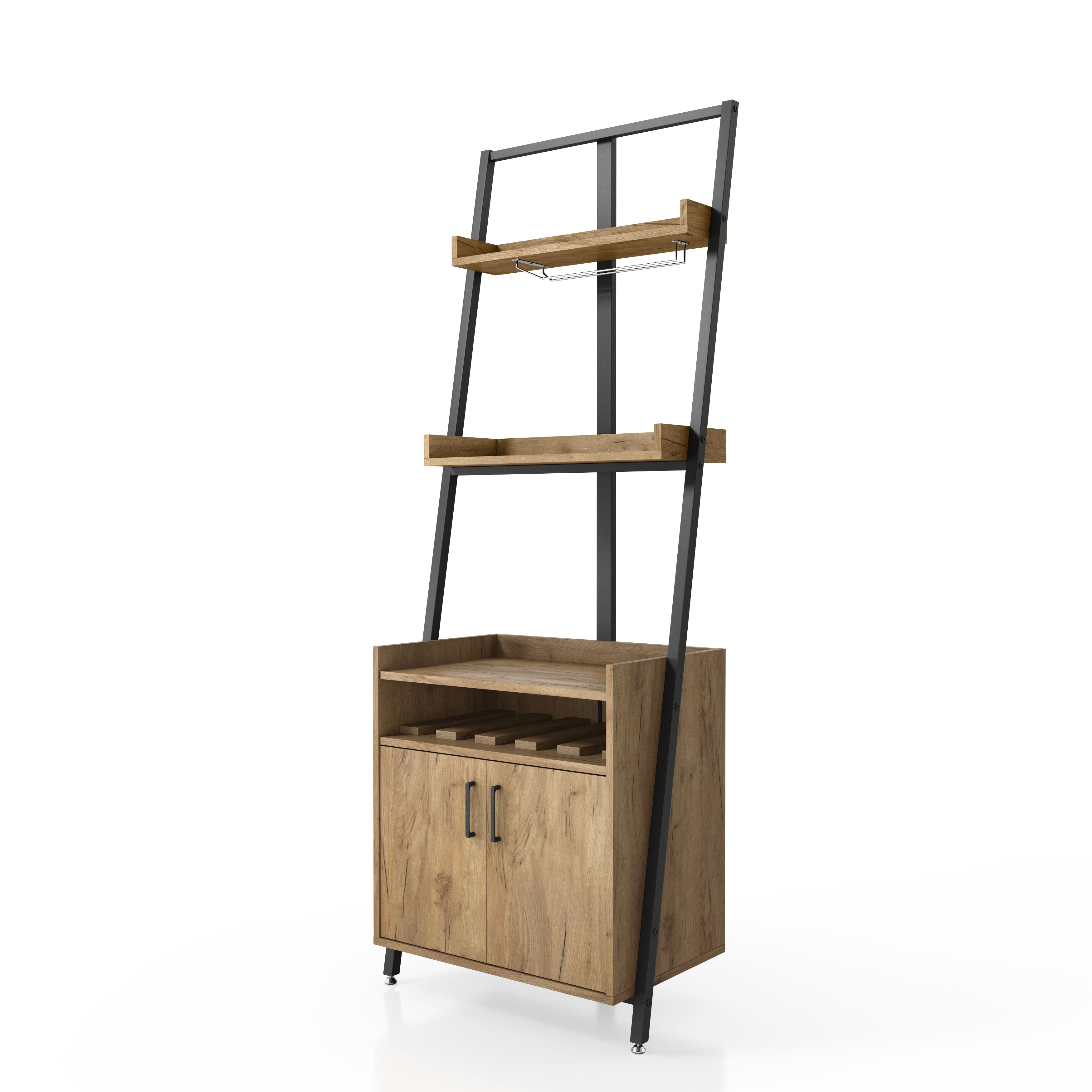 Brady Rustic Light Oak Metal 2 Shelf Leaning Bar Cabinet with Wine Rack by Furniture of America Bed Bath Beyond 37844481
