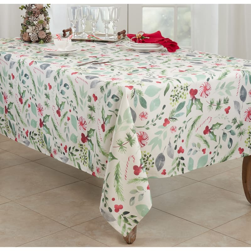 Candy Cane Tablecloth With Christmas Foliage Design - 65"x90"