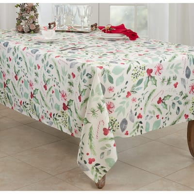 Candy Cane Tablecloth With Christmas Foliage Design