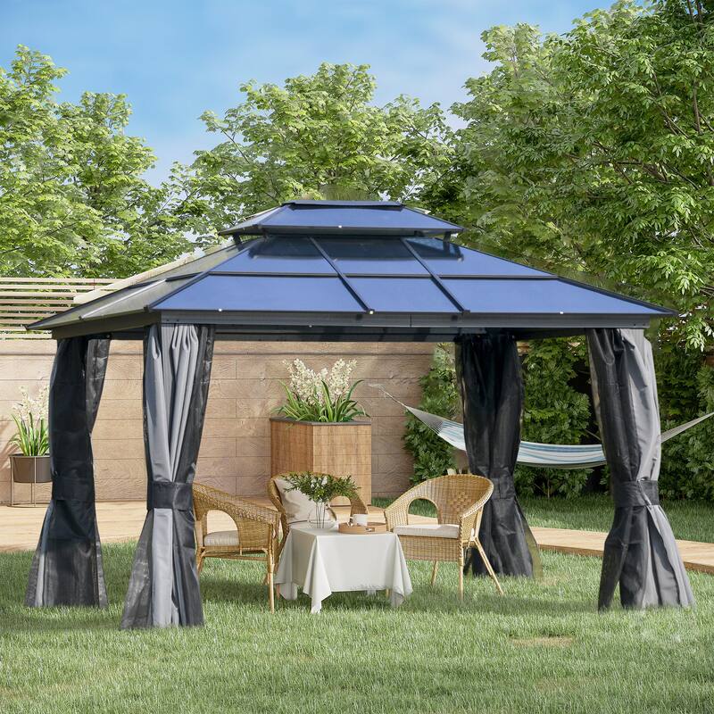 10x12 Hardtop Gazebo with Polycarbonate Roof, Aluminum Frame, Netting & Curtains for Outdoor Use