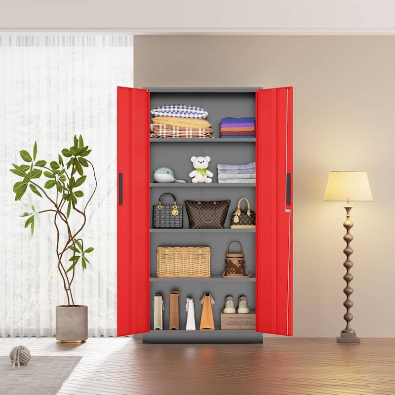 Tall Metal Locker Garage Storage Cabinet with Locking Doors and Adjustable Shelves for Office, Garage, Home, Pantry