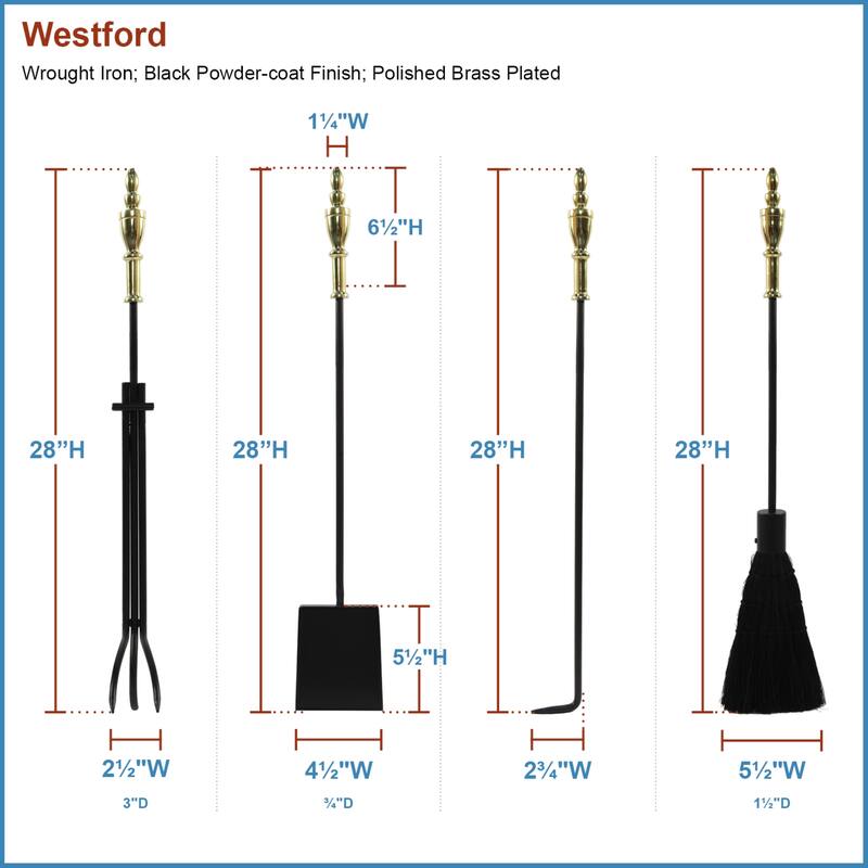 Achla Designs Westford Fireplace Set of 4 Tools, 30.5 Inch Tall, Antique Brass and Black