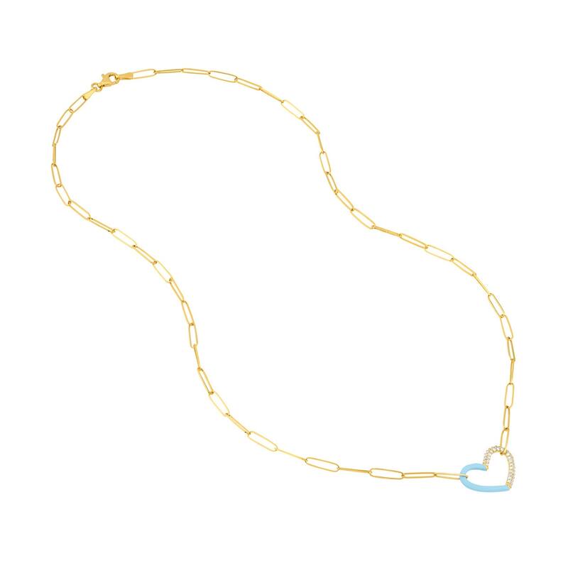 Marquee Jewels 14K Solid Yellow Gold 50/50 Turquoise Enamel Diamond Heart Necklace