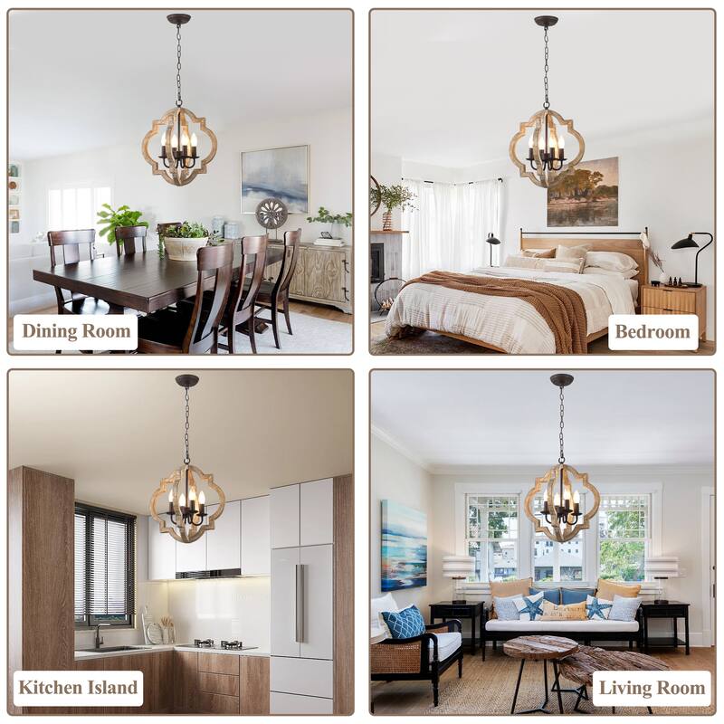 Cusp Barn 4-Light Wood Farmhouse Chandelier, Rustic Dining Room Light Fixture Over Table, Vintage Hanging Pendant Light