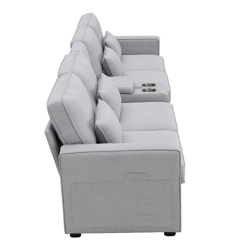 Multifunctional Sofa with 2 Cupholders and Console, 114.2" Linen Fabric Sofa with 4 Pillows and 2 USB Ports for Livingroom