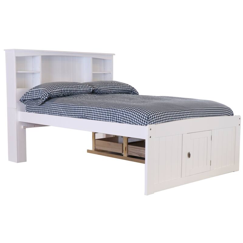 Full Size Bookcase Bed with Drawers - Solid Pine Bed Frame - Under Bed Storage - Casual White Finish