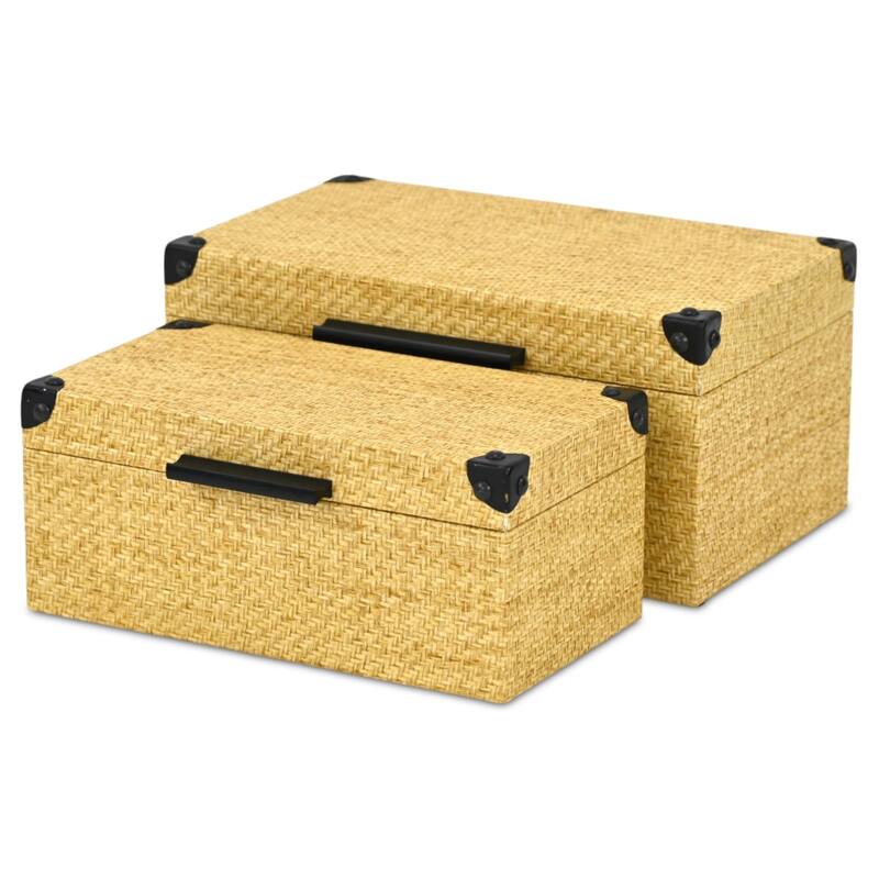 Ferelith Set of 2 Rectangular Decorative Storage Boxes - Light Brown Wicker Rattan Pattern