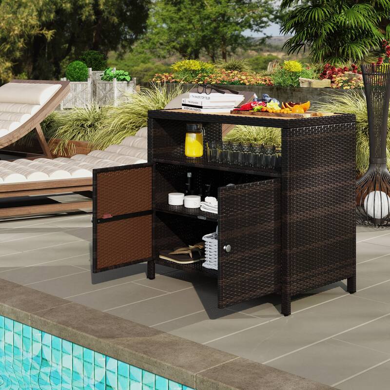 Brown-Teak PE Rattan Outdoor Storage Cabinet with Acacia Wood Top and Shelf - 35.4" W x 20.9" D x 33.9" H