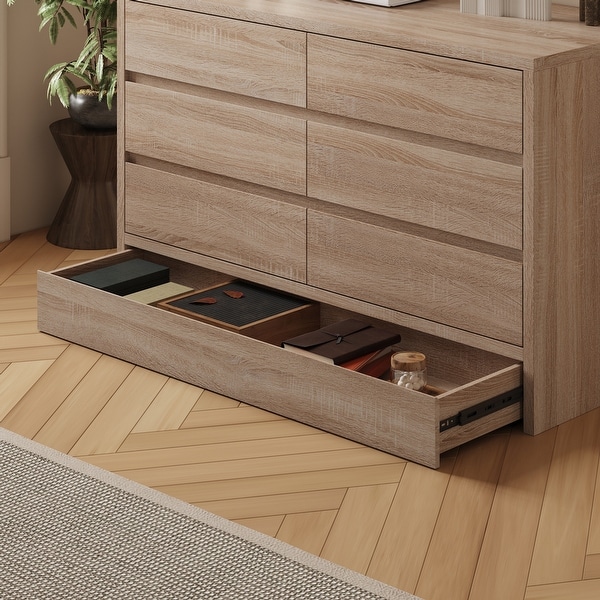 Wood Grain 7-Drawer Dresser with Hidden Compartments and Kick-to