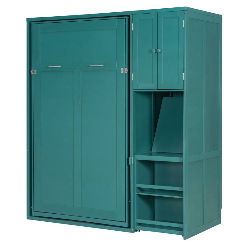Twin Size Rotating Murphy Wall Bed with Bookshelf, Top Cabinet, Modern Foldable Cabinet Bed with Extendable Desk, Side Storage