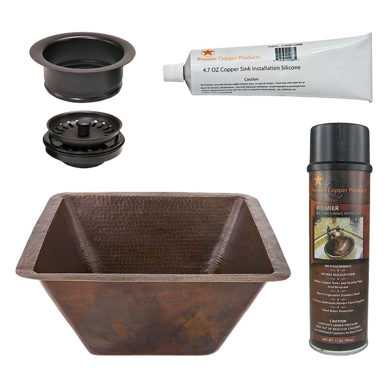 17" Large Square Hammered Copper Bar/Prep Sink, Matching Drain and Accessories