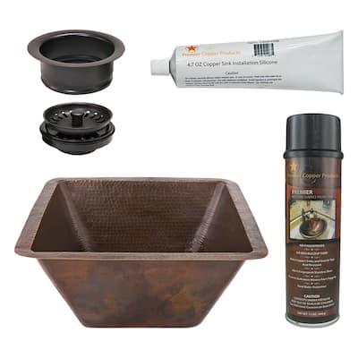 17" Large Square Hammered Copper Bar/Prep Sink, Matching Drain and Accessories