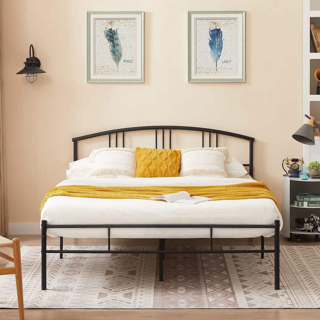 VECELO Metal Platform Bed Frame with Curved Slatted Headboard No Box Spring Needed Heavy Duty Bed for Adults Kids