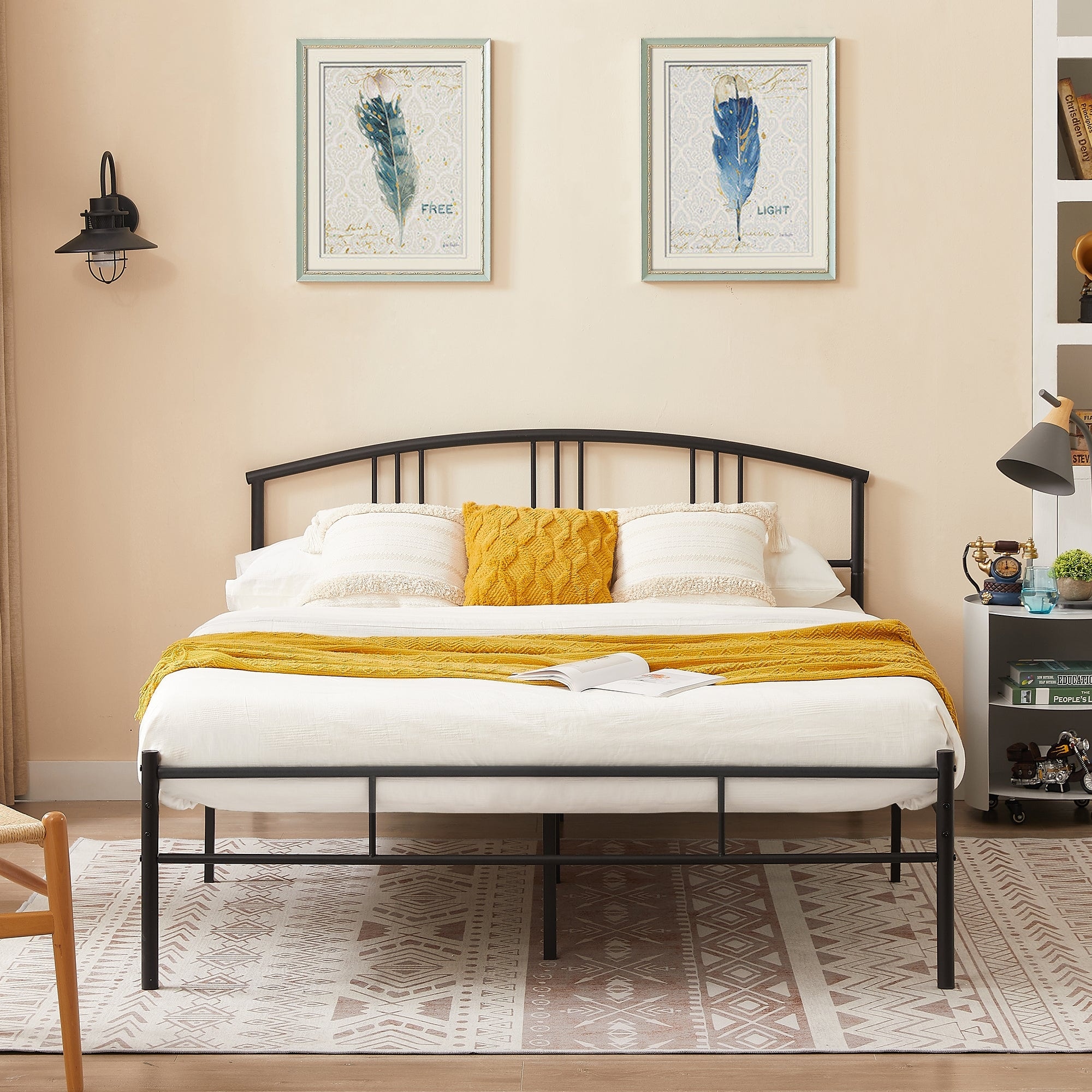 VECELO Metal Platform Bed Frame with Curved Slatted Headboard No Box Spring Needed Heavy Duty Bed for Adults Kids