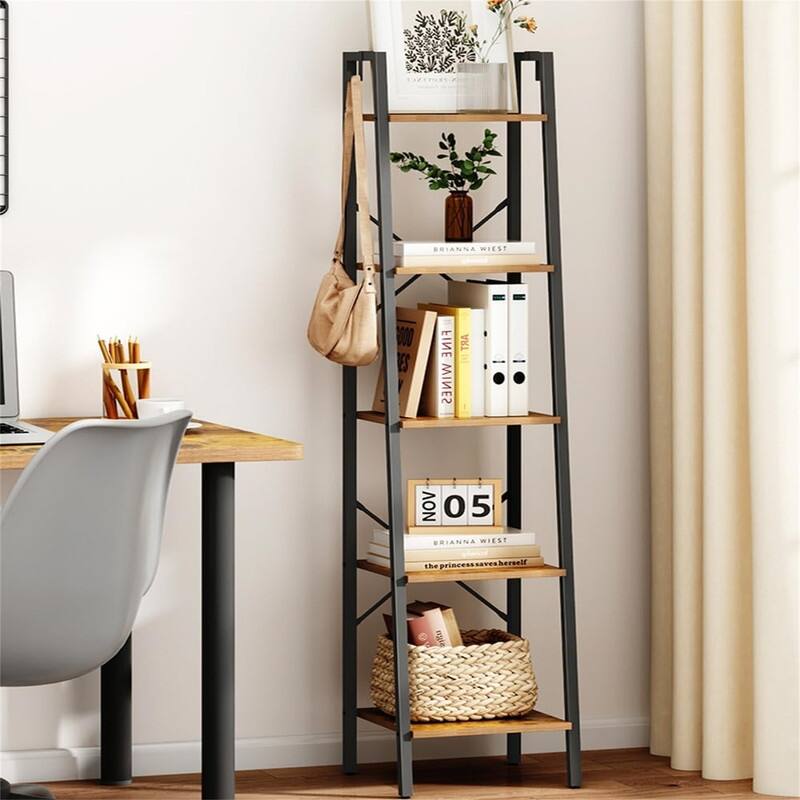 Freestanding Corner Storage Shelve with 2 Hooks for Home Office - 11.8"D x 13.4"W x 63"H