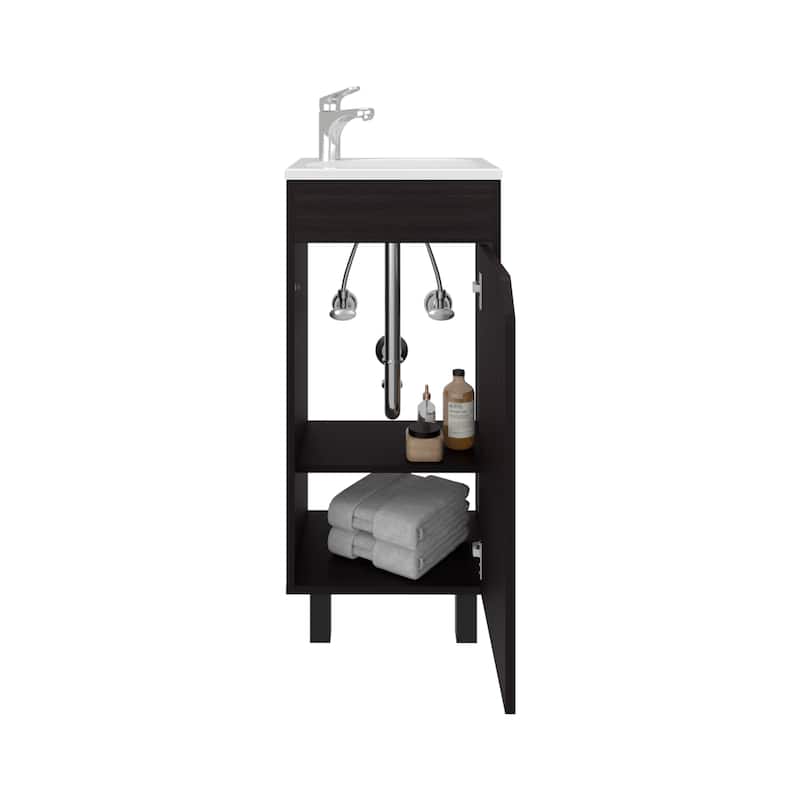 Bethel Wide One-Door Cabinet, Free Standing Vanity With Resin Sink And Two Shelves, Bathroom Storage, Black