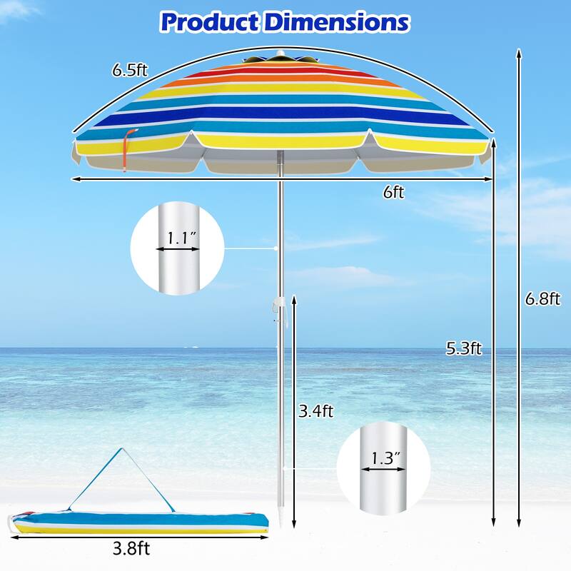 6.5 Feet Multi-Color Portable Beach Umbrella with Adjustable Tilt Air Vent Sun Protection and Carry Bag