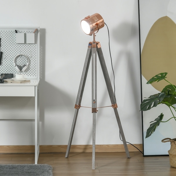 HOMCOM Vintage Tripod Floor Lamp Height Adjustable Nautical Spotlight with Wood Legs E12 Lamp Base for Living Room On Sale Bed Bath Beyond 38858000