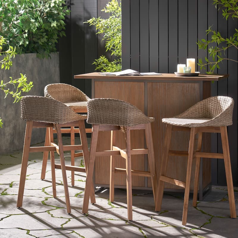 Cayuga Wicker and Acacia Wood Outdoor Barstools by Christopher Knight Home - Light Multibrown/Teak