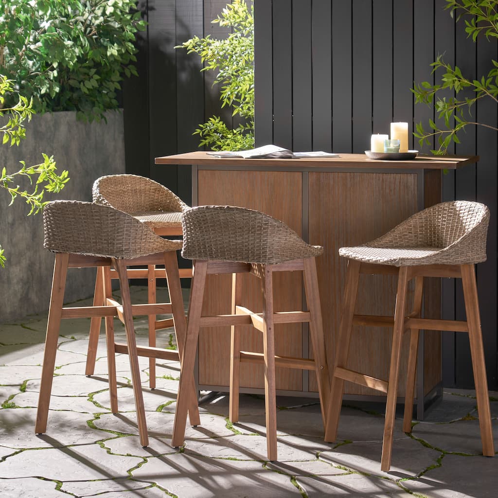 Cayuga Wicker and Acacia Wood Outdoor Barstools by Christopher Knight Home