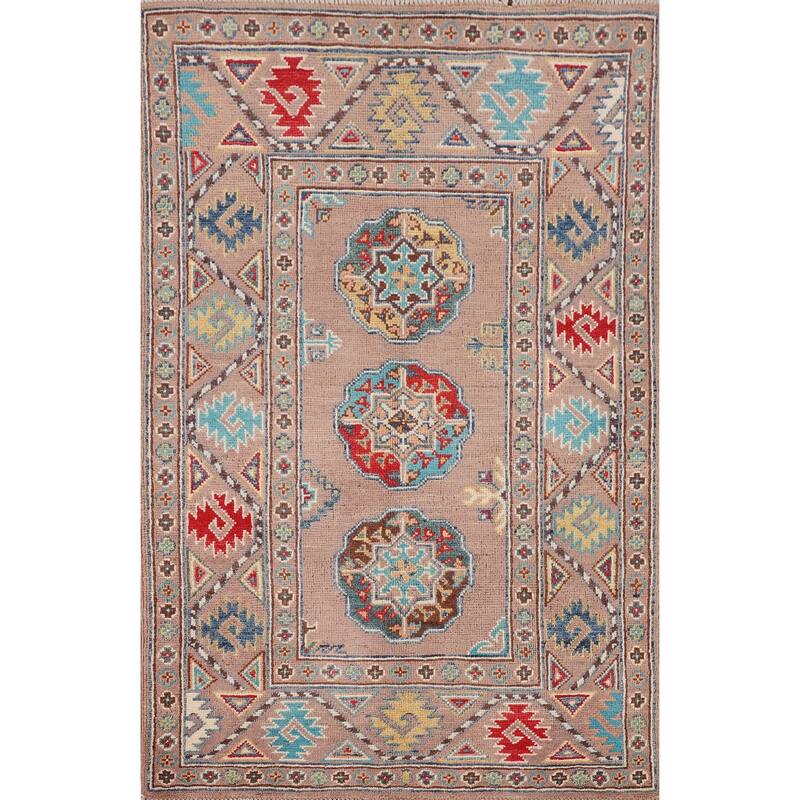 Traditional Beige Kazak Accent Rug Hand-Knotted Wool Carpet - 2'8" x 4'3"