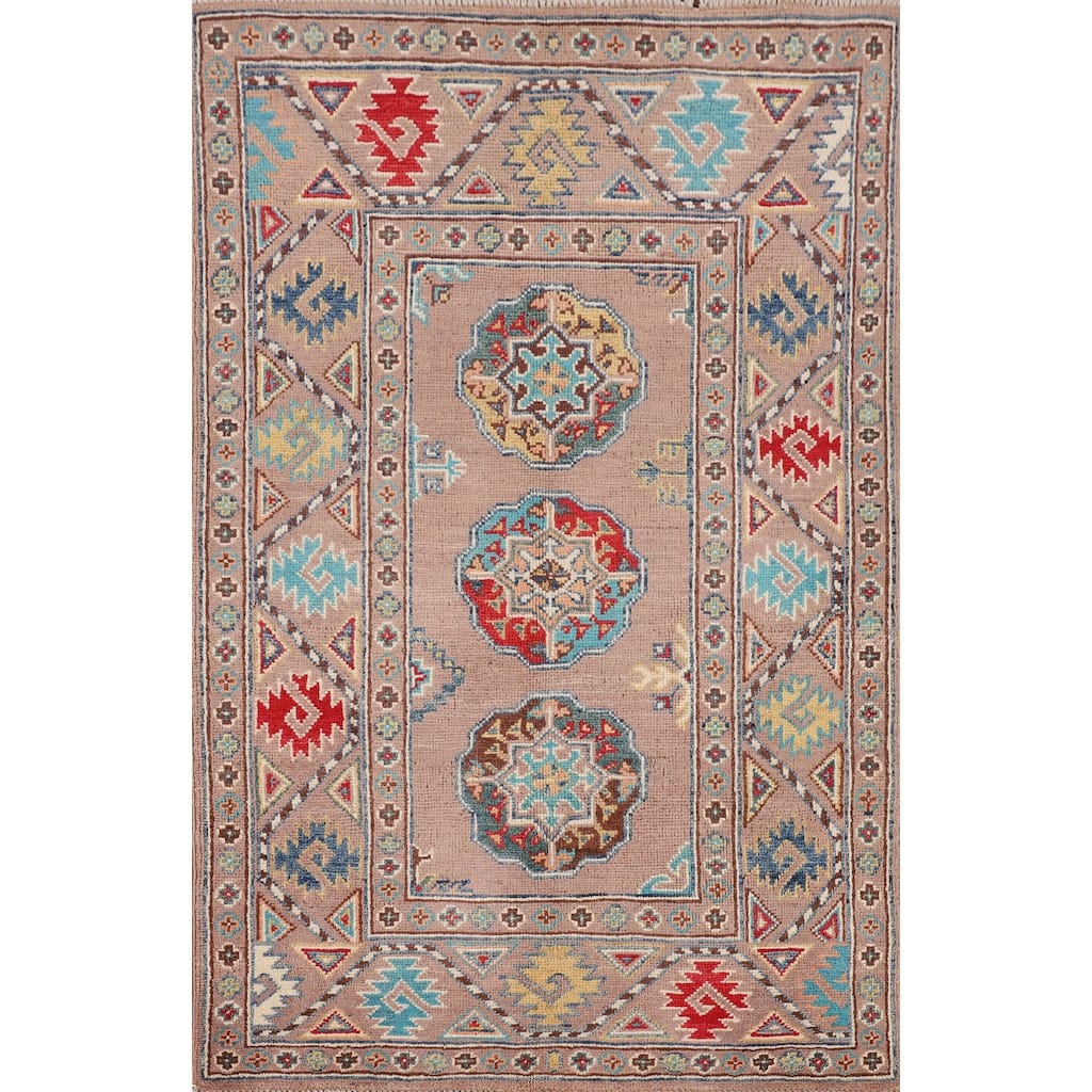 Traditional Beige Kazak Accent Rug Hand-Knotted Wool Carpet - 2'8" x 4'3"
