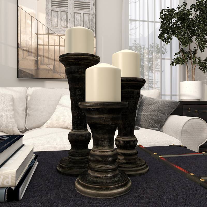 Black Mango Wood Traditional Candle Holder (Set of 3) - S/3 10", 8", 6"H