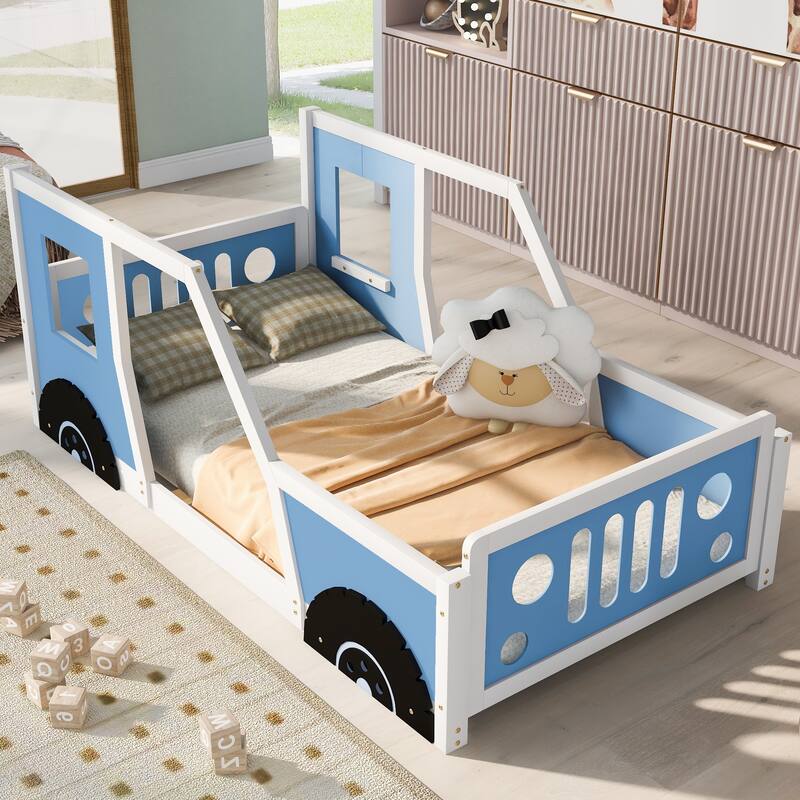 Twin Size Classic Car Platform Bed Frame with Fun Wheels, Sturdy Pine Wood Frame, No Box Spring Required Bedroom Furniture