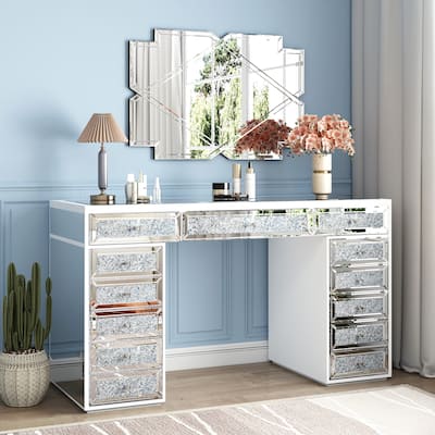 Mirrored Finish Vanity Desk Dresser with 13-Drawer
