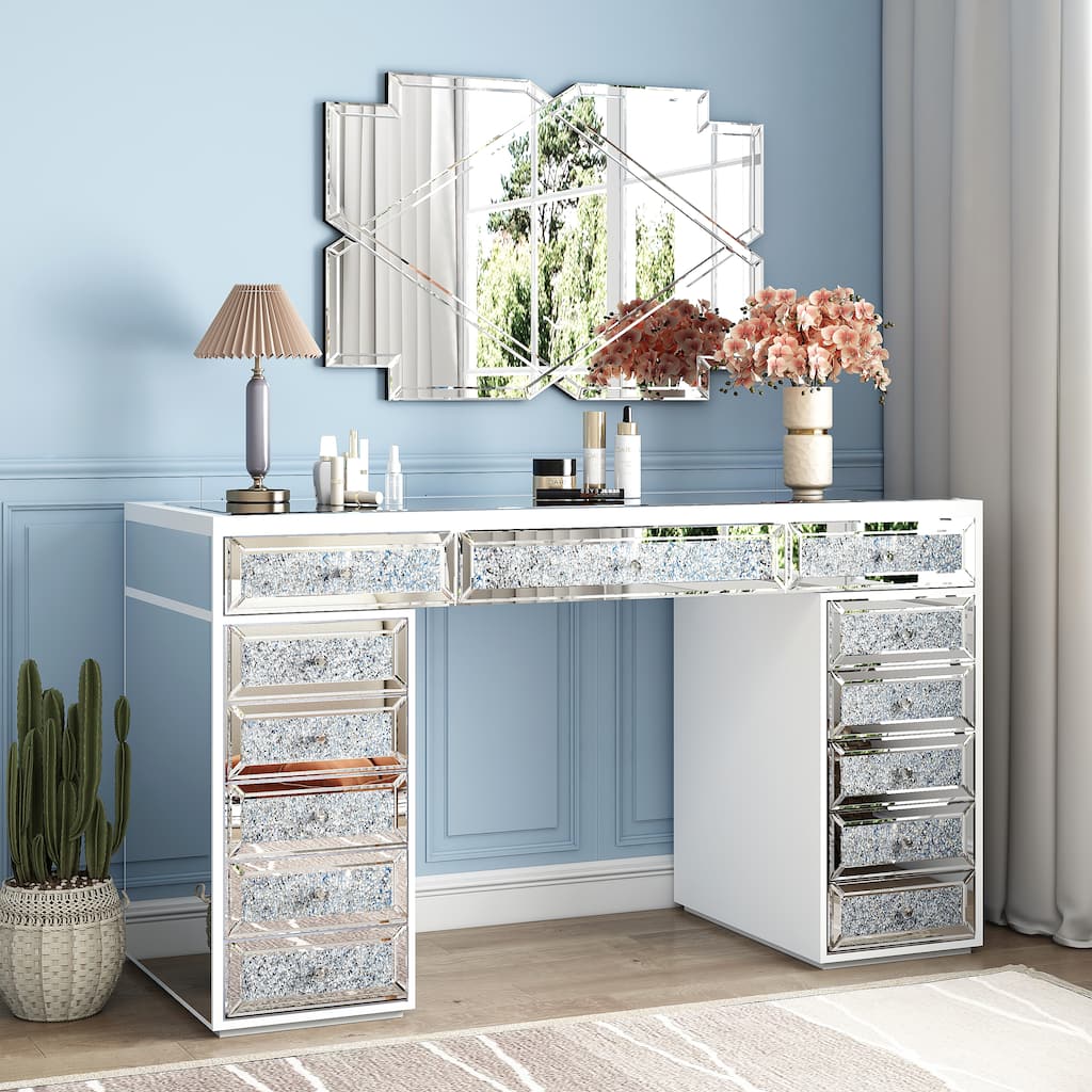 Mirrored Finish Vanity Desk Dresser with 13-Drawer