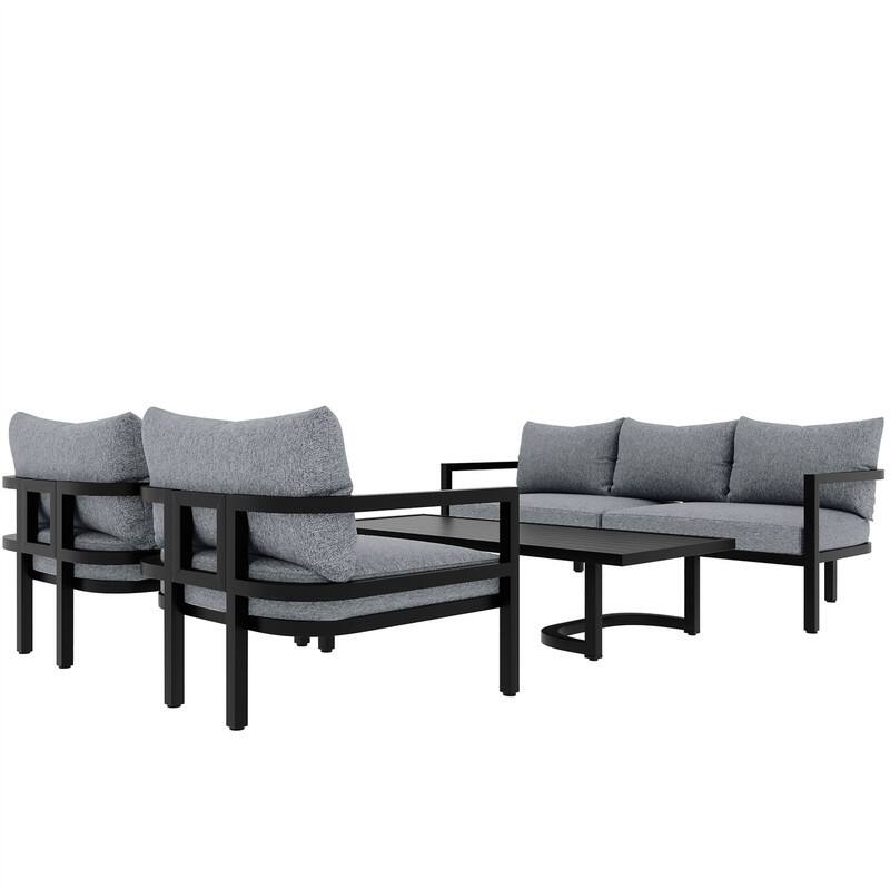 4-Piece Patio Furniture Set, Outdoor Sectional Sofa Set Steel Conversation Set with Loveseat, 2 Armchairs and Coffee Table