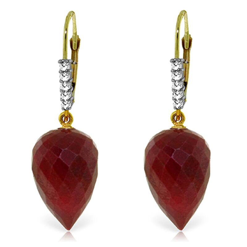 26.25 Carat 14K Solid Gold Drop Briolette Ruby Diamond Earrings - Yellow