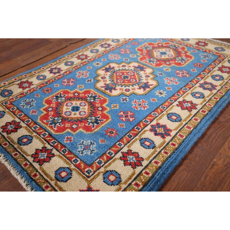 Blue Geometric Kazak Foyer Rug Hand-Knotted Wool Carpet - 2'0" x 2'11"