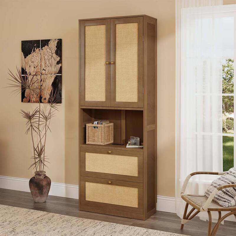 2 Doors Storage Cabinet with USB Port and 3 Drawers,for Home Storage and Decor - Walnut