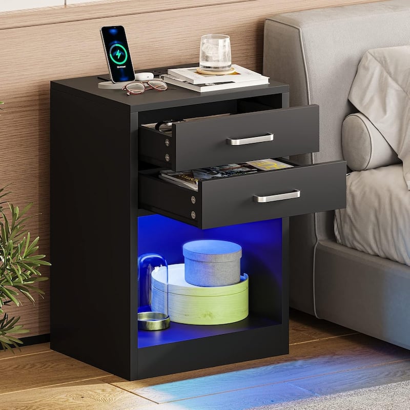 LED Nightstands Set of 2 Nightstand Bedroom Power Outlets 2 Drawers