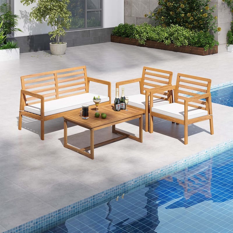 4PCS Wood Patio Conversation Set Patio Furniture Set