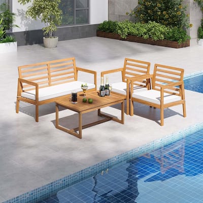 4PCS Wood Patio Conversation Set Patio Furniture Set