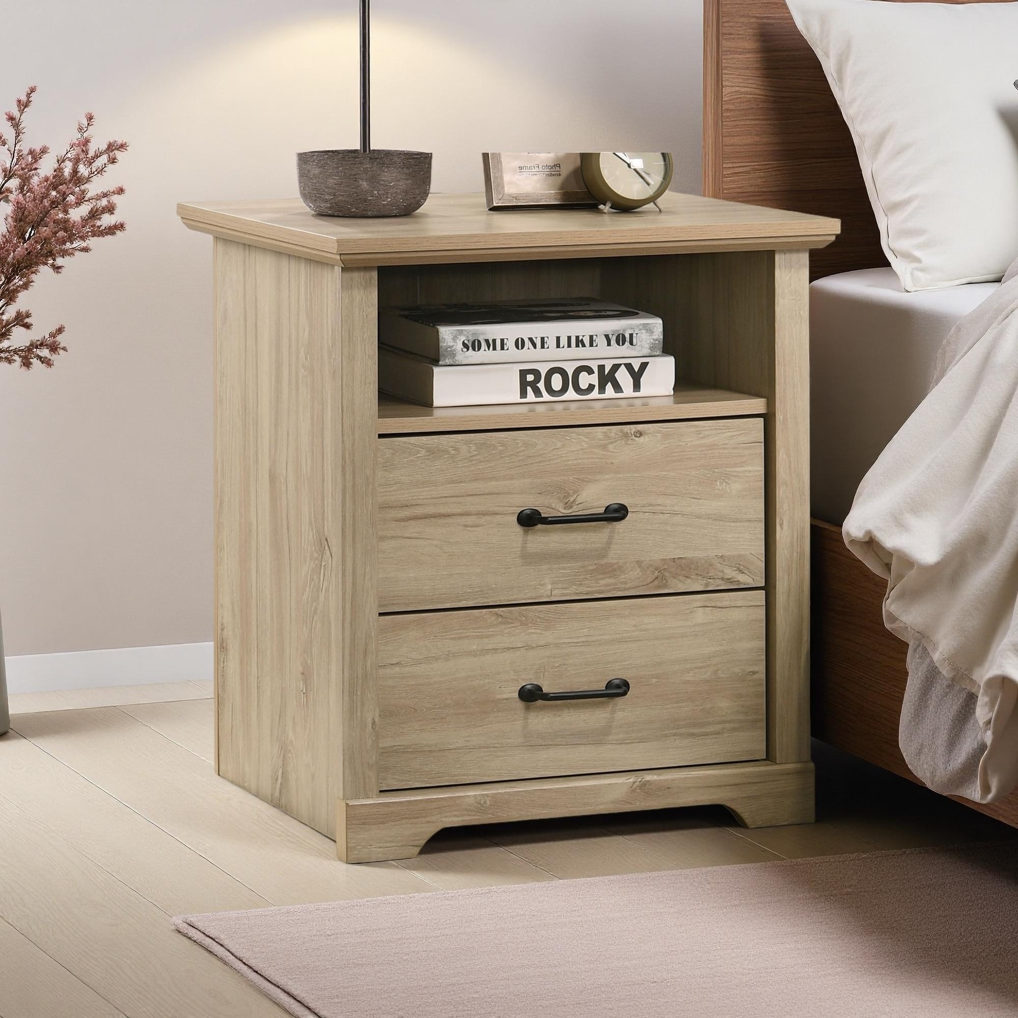 22"W PU Laminated 2-Drawer Nightstand Bedside Table with Open Shelf and USB-A/USB-C Charging Ports