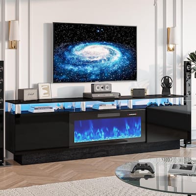 BOSSIN Modern 80" TV Stand with 36" Fireplace & LED Lights for TVs Up to 90", White with Golden Pillars, Storage Cabinets