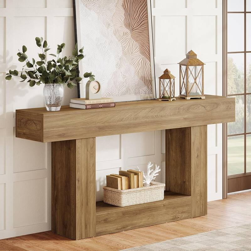 63 Inches Brown/ Dark Gray Wooden Console Table, Farmhouse Long Entryway Table with Storage for Living Room - Light Brown