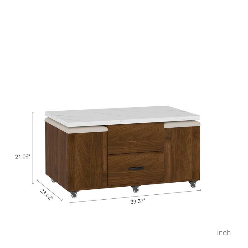 Modern Lift-Up Coffee Table with 4 Stools Set Expandable 1 Hidden Storage + 2 Drawers Space Saving Folding Dining Table