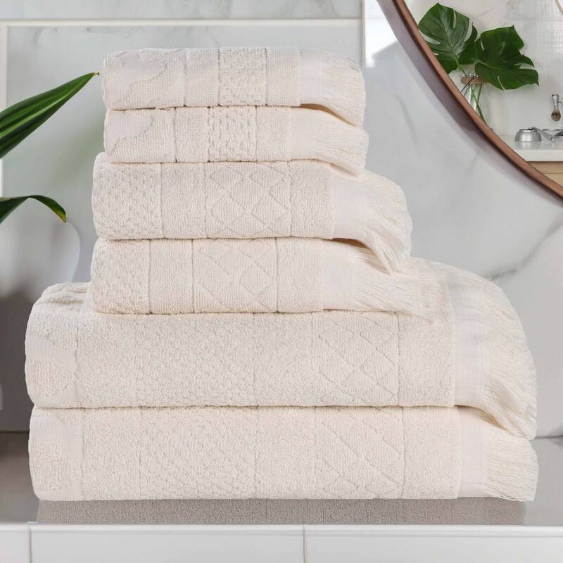 Superior Rolla Cotton Geometric Jacquard Plush Soft 6 Piece Towel Set - Ivory